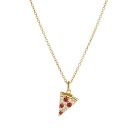 Dainty Pizza Crystal Pendant Necklace for Women 14K Gold Plated Cute Red Cubic Zirconia Diamond Exquisite Tiny Sparkly Creative Food Triangle Cheese Charm Chain Necklaces Christmas Jewelry Gift Daughter BFF