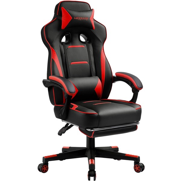 LUCKRACER Gaming Chair with Legrest, Ergonomic Computer Chair with Footrest Gamer Chair PU Leather Swivel Lumbar Support Racing Style E-Sports Game Chairs by GTRACING (Red)