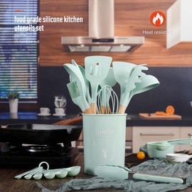 Kitchen Utensils Set QMVESS 35 Pcs Non-Stick Silicone Cooking Utensils Set with Holder Sturdy Insulation Wooden Handle Heat Resistance Silicone Spatula Spoon Kitchen Gadgets Utensils Set (Light Green)