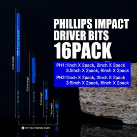 Facoow Phillips Impact Driver Bits, #2&1 Phillips Head Magnetic Screwdriver Bits Set, 1”-6“ S2 Steel Impact Bits, 1/4" Hex Shank Screwdriver Drill Bit, CNC Machined ph2 Impact Drill Bits, 16 Pack