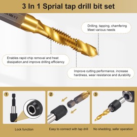 Gueenky 13 Piece Tap Set, SAE/Metric M3-M10 Tap with Drill Bit Set HSS Combination Tap Tap with Tap Adapter for Wood Metal Plastic Aluminium