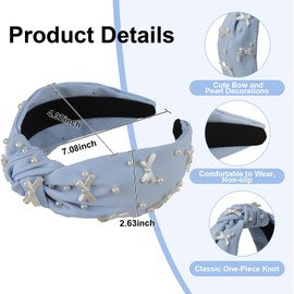 Uintoon Blue Headband Bow Pearl Knotted Headbands for Women Girls Cute Fashion Wide Headbands for Women Non Slip Hairbands Head Bands for Women's Hair Bow Hair Accessories