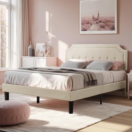 VECELO Full Size Platform Bed Frame with Fabric Upholstered Headboard and Wooden Slats Support, No Box Spring Needed/Easy Assembly,Beige