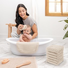 Baby Washcloths, Muslin Cotton Baby Towels, Large 10”x10” Wash Cloths Soft on Sensitive Skin, Absorbent for Boys & Girls, Newborn Baby & Toddlers Essentials Shower Registry Gift (Sand, Pack of 6)