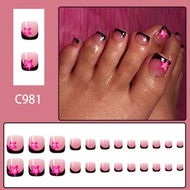 Black French Press on Toenails Short Square Fake Toe Nails with Designs Summer Flower False Toenails Black Glossy Full Cover Acrylic Toe Nails Reusable Stick on Toenails for Women Girls
