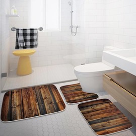 Final Friday Rustic Farmhouse Wooden Board Print Bathroom Rugs and Mats Sets 3 Piece, Wood Western Country Bath Mat 20 x 31 in, Coral Velvet Memory Foam U-Shaped Contour Shower Mat Non Slip Absorbent