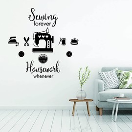 ANFRJJI Sewing Tailor's Wall Decal - Removable PVC Sticker with "Sewing Forever Housework Whenever" Quote and Sewing Machine Scissors Graphic - effect 25"x36" - Vintage Sewing Room Decor for Tailor Shop or Home Studio (black-JWH262-Sewing)