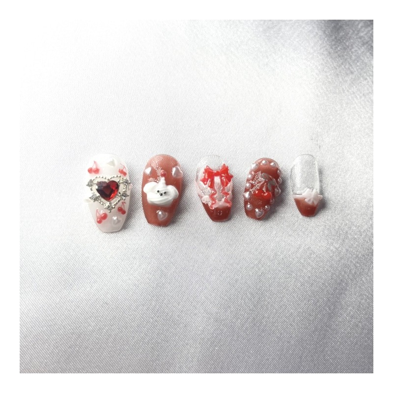 [Premium Handmade Nails] Cherry Bonbon Eau Chocolat – Coffin (Long)