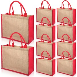 Shappy 10 Pack Burlap Tote Bag Set, Reusable Blank Jute Burlap Grocery Bag with Handle for Bridesmaid Gift Shopping DIY (Jute and Red)