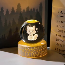 Crystal 3D Cat 2.36in Ball Gifts for Women Glass Cartoon Cat Themed Sphere Presents for Her Lovely Kitten with Warm Lights Paperweight for Animal Lovers Girls Daughter Birthday Ornament for Home