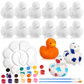 Simgoing 17 Pcs Paint Your Own Ceramic Duck Craft Set Include 12 Unpainted Ceramic Duck 2 Strips of Paints with 2 Brushes 1 Palette