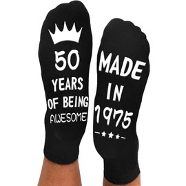 UEOTO 50th Birthday Gifts for Men Calf Length Socks 9-11, Mens 50th Birthday Gifts Ideas Funny Socks, 50 Years of Being Awesome Socks Gifts for Dad Husband Friends Presents for his 50th