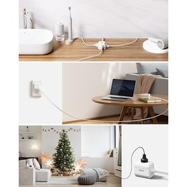 SUPERDANNY Extension Electrica Plana 1.8 Metros, 16AWG 3 Enchufes Multicontacto Pared, Outlet Extender 1625W/13A, Extension Uso Rudo para Hogar Oficina, Blanco