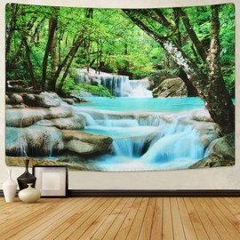 Pknoclan Forest Tapestry, Stream Pattern Wall Hanging Tapestry, Forest Cascade Tapestry, Nature Scenery Cloth Poster, Tree, Forest Waterfall, 82.7 x 59.1 inches (210 x 150 cm), Large Wall Hanging,