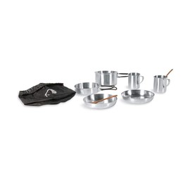 Tatonka Camping-Kochgeschirr Picnic Set (8-teilig) - Edelstahl-Geschirr fürs Picknick zu zweit - Mit Topf, Pfanne, 2x Teller, 2x Tasse mit Henkel und 2x Löffel aus Kokosholz - Schadstofffrei, Silber