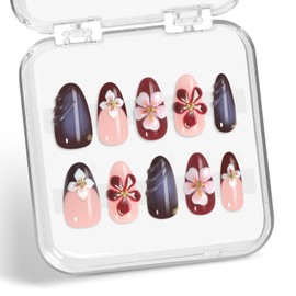 HOMSERA Handmade Press on Nails Medium Almond Fake Nails with 3D Flower Design, French Tips Water Ripple Acrylic Fake Nails 10PCS Reusable Spring Nails for Women Full Cover Stick on Nails Manicure Kit