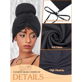 IYOU African Turban Head Wrap Black Pre-Tied Beanie Cap Headwear Elastic Drawstring Head Turbans for Women and Girls