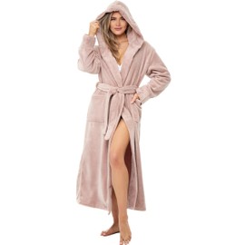 Alexander Del Rossa Womens Robe, Long Plush Bathrobe with Hood, Hooded Robes for Women Plus Size Bath Robe, Rose Taupe, Medium