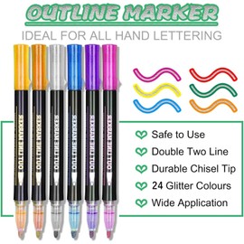 ECtury Glitter Pens Outline Marker Pens, Gifts for Teenage Girls, Stocking Fillers Kids, 24 Colours Metallic Double Line Outline Pens for Scrapbooking, Christmas Gifts for 4-12 Year Old Girls Kids