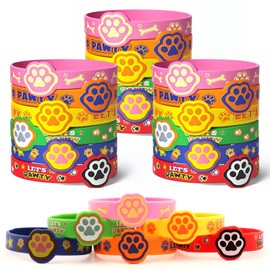 ANJUU 24 Pcs Dog Paw Party Favors Birthday Supplies for Kids, Multicolor Paw Print Silicone Wristbands Bracelets Bulk for Goodie Bag Stuffer Class Prize Christmas Easter Dog Themed Party Favors Gift