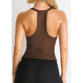 Jar of Love Women's Workout Tank Top with Built-in Shelf Bra-V-Neck Racerback Ribbed Cami for Gym, Yoga, Running,XL,Brown