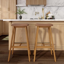 Plank+Beam Beryl Bar Height Stool - Mid-Century Modern Rubberwood Bar Stool with Faux Leather Seat, Metal Footrest, Easy Assembly, 2-Pack, Pecan/Toffee