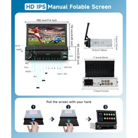 1 DIN CarPlay Car Stereo Flip Out 7-Inch Retractable Touch Screen Android Auto, Upriding Single Din Bluetooth Radio with FM EQ Mirror Link USB-C SWC +Backup Cam