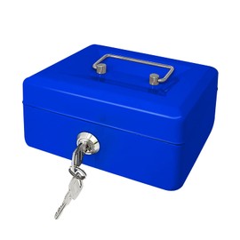 Steel Cash Box with Key Lock, Metal Small Money Organizer with Money Tray,Cash Storage Box with Lockable Cover (Blue - 6 inch)