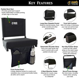 BRAWNTIDE Wide Stadium Seat Chair - Extra Thick Cushion, Portable, Light, Ideal for Back Support, Sporting Events, Includes 2 Bleacher Hooks, Shoulder Strap, 3 Storage Pockets (Black, 1 Pack)
