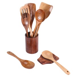 Luntfeiy 9 Pieces Wooden Spoons for Cooking, Wooden Utensils for Cooking with Utensil Holder, Kitchen Utensil Set Made of Teak Wood