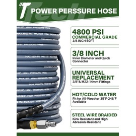 TechSweepPro 3/8" 4800PSI Pressure Washer Hose 50FT with Swivel Quick Connect for Cold/Hot Water Max 248°F, Kink Resistant Steel Wire Braided, Wear Resistant Power Washer Hose with M22 14mm Adapter