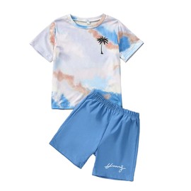 Kid Toddler Baby Boys Clothes Tie-dye Palm Leaf Top 2Pcs Summer Shorts Set(5-6T)