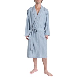 Latuza Men's Lightweight Robe Cotton Blend Knee Length Bathrobe M Gray Blue Stripe