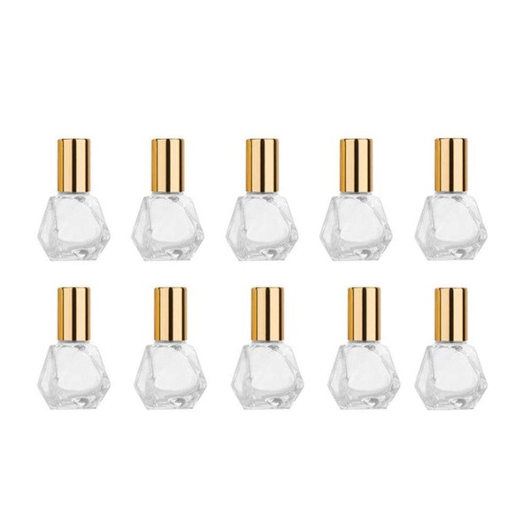 ConStore 10 PCS Mini Portable Polygonal Clear Glass Roller Bottle,8ml/0.27oz DIY Travel Essential Oil Roll On Bottle with Stainless Steel Ball Gold Cap