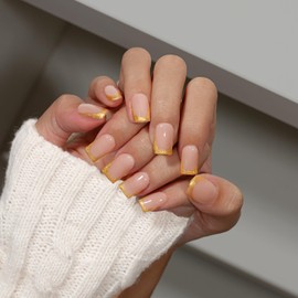 KQueenest French Tip False Nails with Glue, Glitter Gold Press on Nails Short Square, Natural Nude Short Fake Nails Press ons with Bling Sequins, Reusable Soft Gel Stick on Nail for Women, 24 Pcs