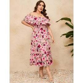 KOJOOIN Women Plus Size Off Shoulder Maxi Dress Ruffle Flowy Casual Summer Boho Long Dresses Pink Flower XL