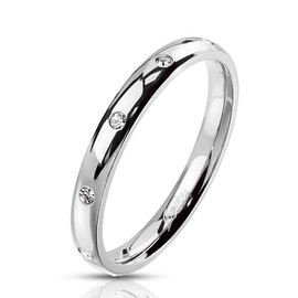 Bungsa Women's Ring with 10 Crystals 316L Stainless Steel 3mm, Stainless Steel, Cubic Zirconia