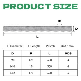 Jyvex Set of 4 Threaded Rods M8 Stainless Steel, Threaded Rods M8 x 300 mm, DIN 976 Grub Screws Galvanised Steel, Threaded Rod Strength Class 4.8, Threaded Rods with Standard Thread, Metric Threaded