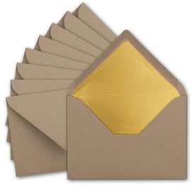 50 x metallic gold lined envelopes DIN C5, cappuccino (brown) 156 x 220 mm, wet seal with pointed flap - FarbenFroh by Gustav Neuser.