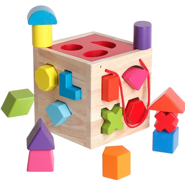 BESTAMTOY Shape Sorter Toy My First Wooden 12 Building Blocks