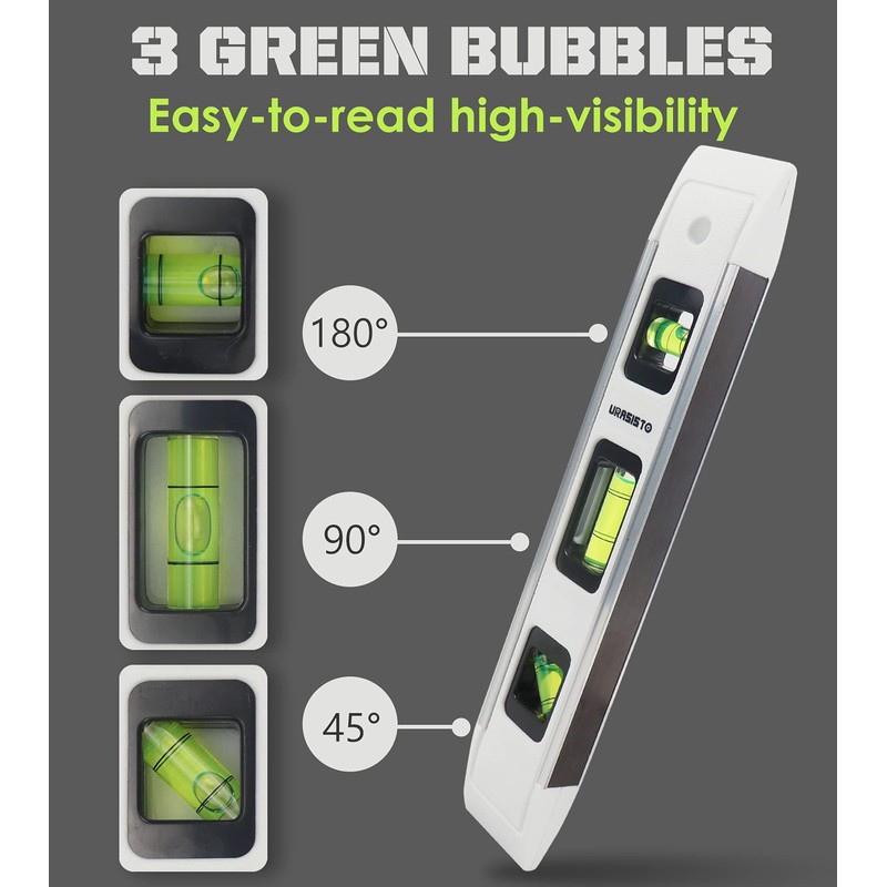 URASISTO 2 Pack Torpedo Level 9-INCH Level with 45°/90°/180° Bubbles,