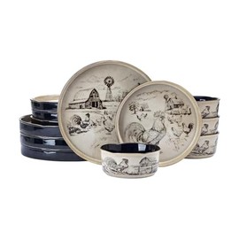 Pfaltzgraff Farmyard Rooster 12 Piece Farmhouse Style Dinnerware Set, Service for 4, Plate Bowl with High Rims, Rustic Design, Brown Black