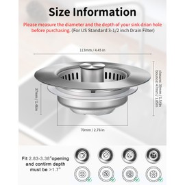 RLQXG 3 in 1 Kitchen Sink Drain Strainer [304 Stainless Steel Pop Up] Anti-Clogging Kitchen Sink Drain Stopper Stainless Steel Efficiently Drainage Odor Filter Sink Plug for Us Standard 3-1/2 Inch