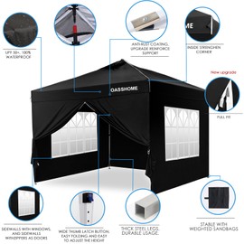 OASISHOME One Push Setup Pop-up Gazebo Portable Canopy Tent 10'x10', with 4 Sidewalls,Wheeled Bag,Waterproof, UV Protection, Heavy-Duty Steel Frame for Patio/Outdoor/Wedding Parties and Events (Black)