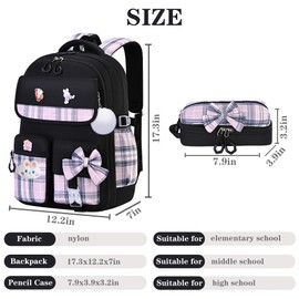 NSEQB Girls Backpack,Kids School Backpack With Pencil Case Set,Cute Childrens Schoolbag For Primary Elementary Middle (Black 2PCS)