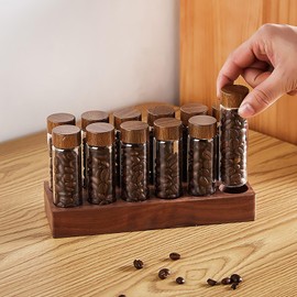 TREELF Coffee Bean Jars Canisters Coffee Storage Containers Walnut Solid Wood Base 12 Tubes Single Dose with Wooden Holder Coffee Bean Cellar Dosing Glass Vials With Lids Display Stand(Type 1)