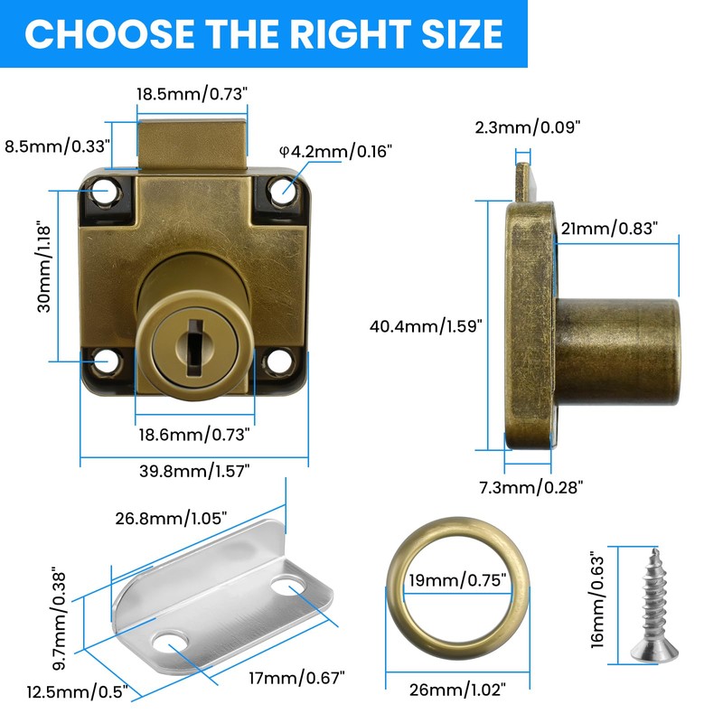 SDTC Tech Drawer Lock with Keys and Matching Screws Antique