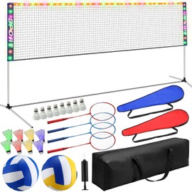 Rotatingpals 24 Pcs 16 ft Portable Badminton Volleyball Combo Set for Backyard 23ft LED Badminton Net Light PU Volleyball with Pump 4 Badminton Rackets, LED Badminton Shuttlecocks and Carrying Bag