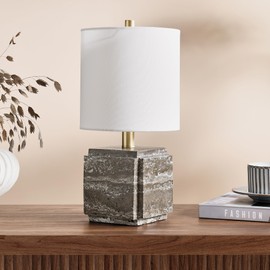 Henn&Hart 16" Tall Stone Table Lamp with Fabric Shade in Gray Veined Travertine, for Home, Living Room, Bedroom, Entertainment Room, Office, Kitchen, Dining