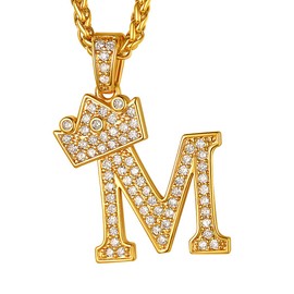 Iced Out M Initial Pendant Necklace, Hip Hop Jewelry Rapper Chain, Bling Neckless King, 18K Gold Plated Cubic Zriconia Crystal Tennis Letter Alphabet Name Necklace for Men Women